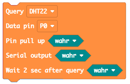 Dazu muss im orangen Block Query DHT22 die Einstellung Serial output auf wahr gesetzt werden.